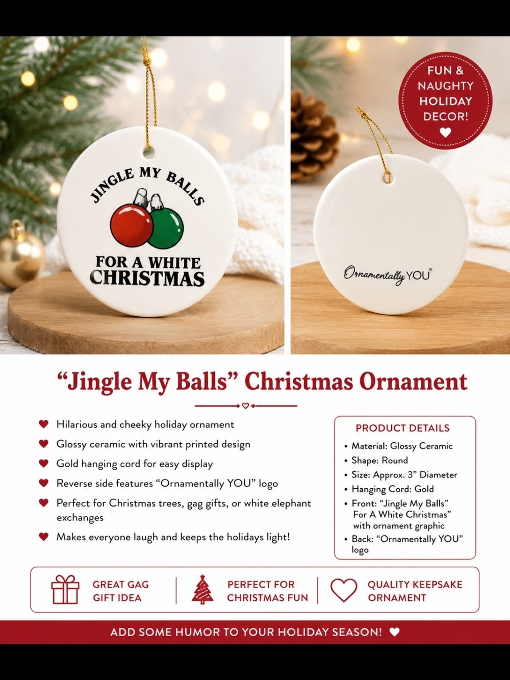 "Jingle My Balls" Ceramic Ornament - Red & Green
